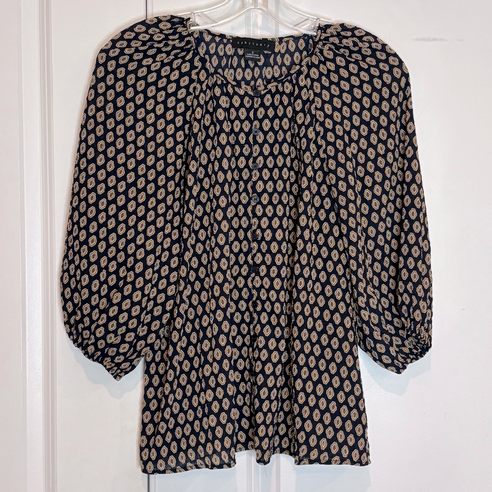 Sanctuary Navy Geo Print Button Front Peasant Blouse S